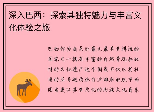 深入巴西：探索其独特魅力与丰富文化体验之旅